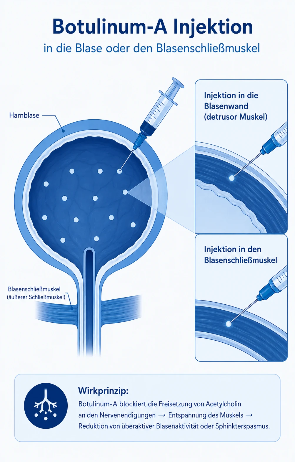 Infografik: Injektion von Botulinumtoxin A über ein Endoskop in die Blasenwand